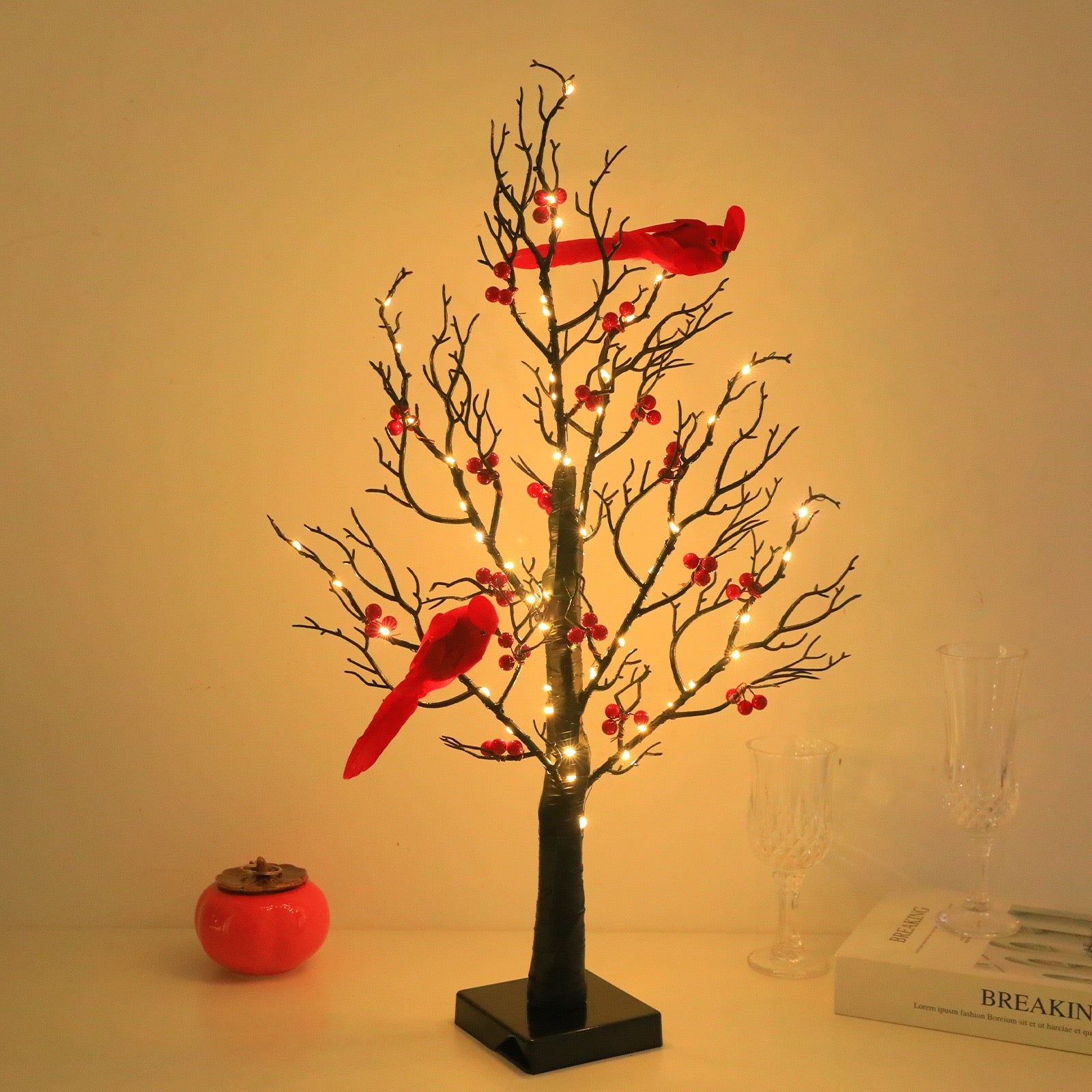 Árbol Decorativo LED con Pájaros Rojos — 53 cm | SOLAYA